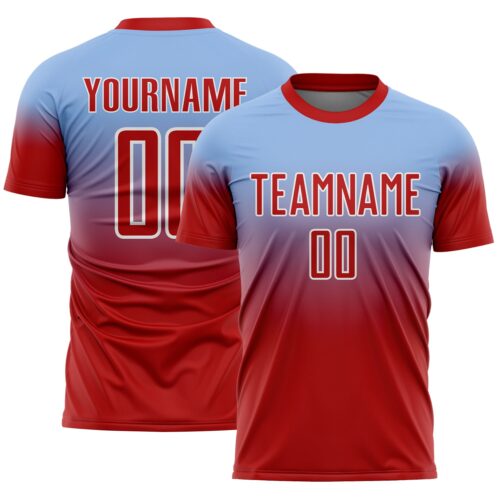 Soccer6560 Custom Light Blue Red-White Fade Fashion Sublimation Soccer Uniform Jersey