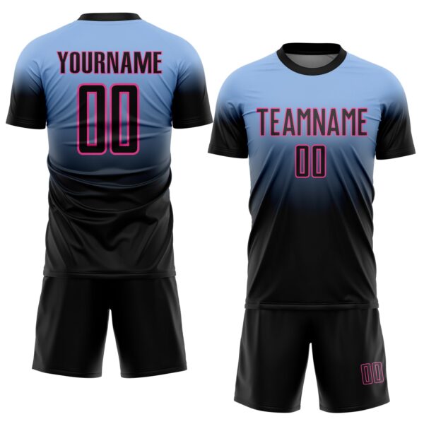 Custom Light Blue Black-Pink Fade Fashion Sublimation Soccer Uniform Jersey