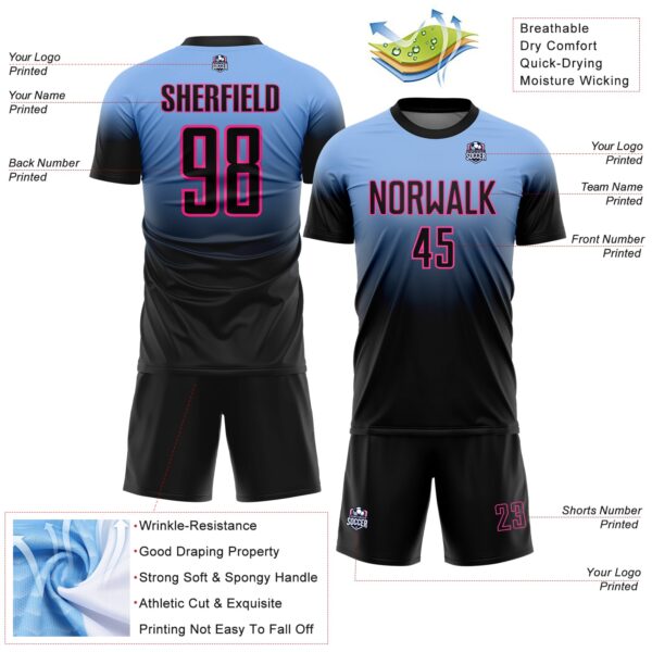 Custom Light Blue Black-Pink Fade Fashion Sublimation Soccer Uniform Jersey