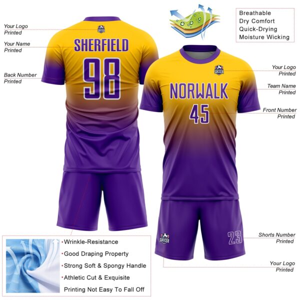 Custom Yellow Purple-White Fade Fashion Sublimation Soccer Uniform Jersey