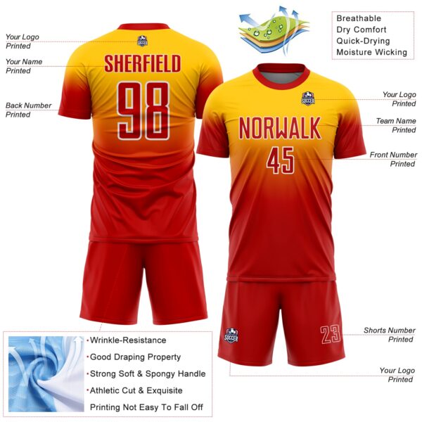 Custom Yellow Red-White Fade Fashion Sublimation Soccer Uniform Jersey