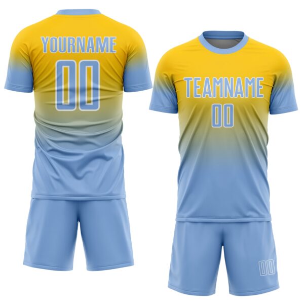 Custom Yellow Light Blue-White Fade Fashion Sublimation Soccer Uniform Jersey