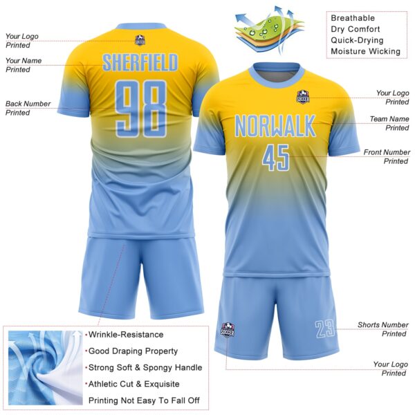 Custom Yellow Light Blue-White Fade Fashion Sublimation Soccer Uniform Jersey
