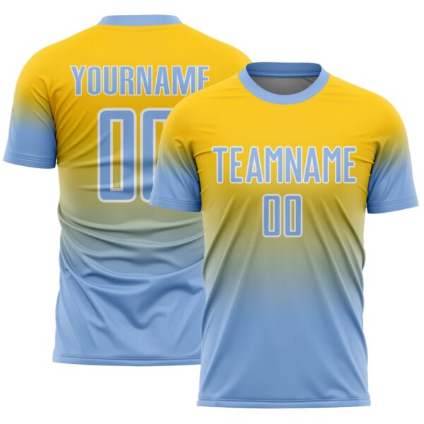 Custom Yellow Light Blue-White Fade Fashion Sublimation Soccer Uniform Jersey