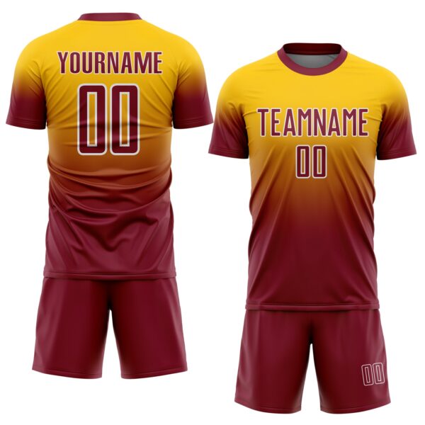 Custom Yellow Crimson-White Fade Fashion Sublimation Soccer Uniform Jersey