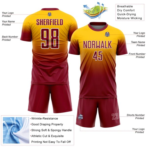 Custom Yellow Crimson-White Fade Fashion Sublimation Soccer Uniform Jersey