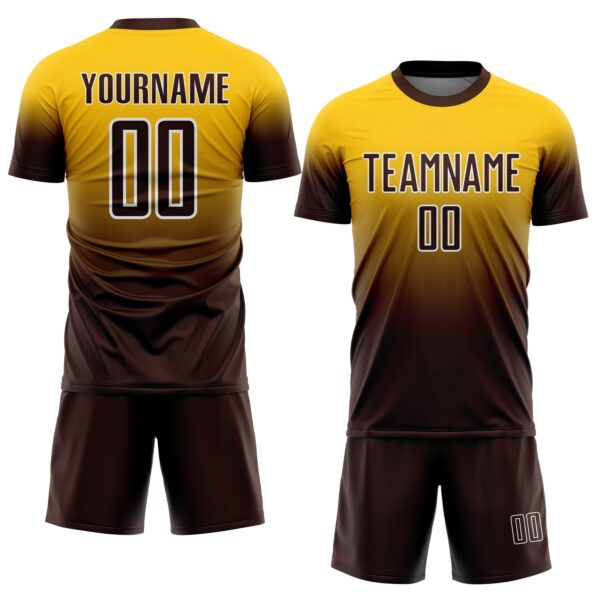 Custom Yellow Brown-White Fade Fashion Sublimation Soccer Uniform Jersey