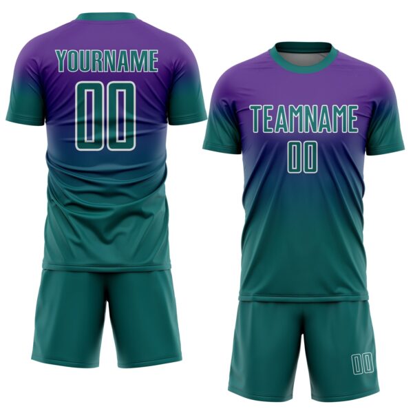 Custom Purple Teal-White Fade Fashion Sublimation Soccer Uniform Jersey