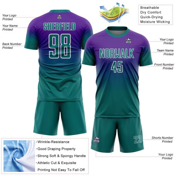 Custom Purple Teal-White Fade Fashion Sublimation Soccer Uniform Jersey