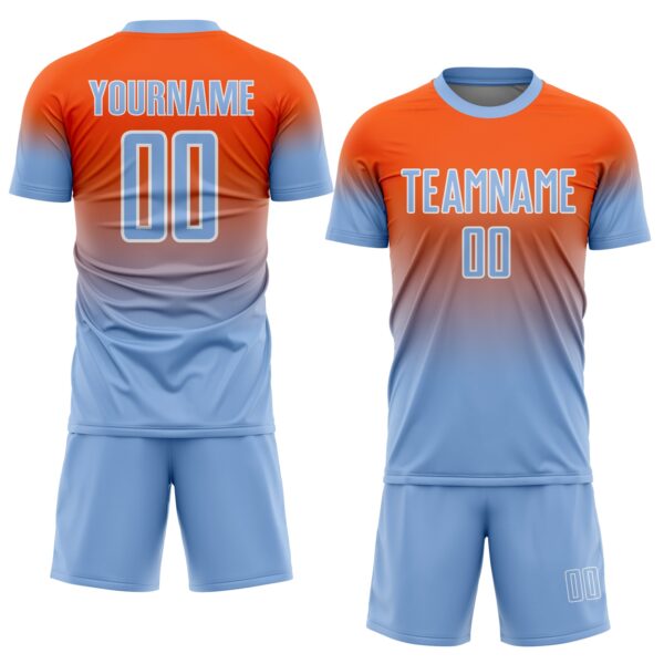 Custom Orange Light Blue-White Fade Fashion Sublimation Soccer Uniform Jersey
