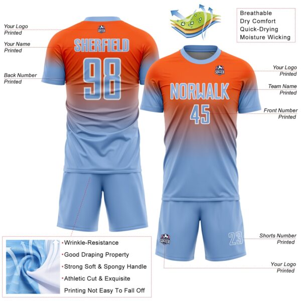 Custom Orange Light Blue-White Fade Fashion Sublimation Soccer Uniform Jersey