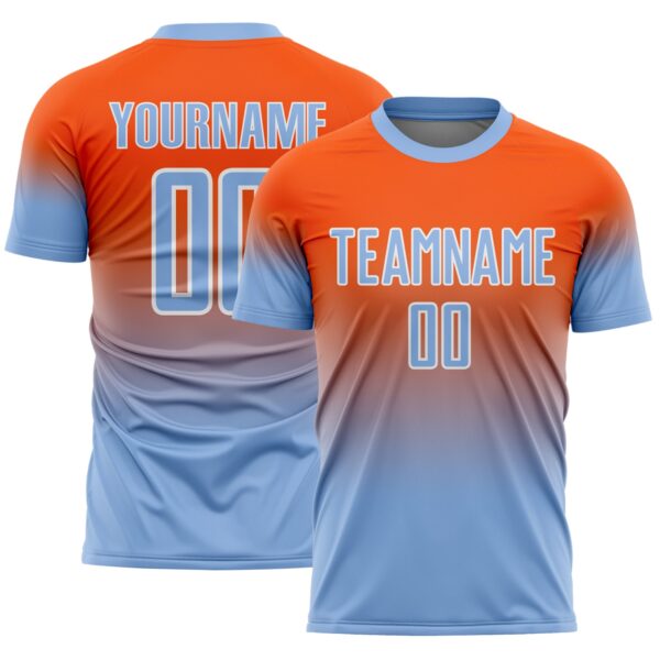 Custom Orange Light Blue-White Fade Fashion Sublimation Soccer Uniform Jersey