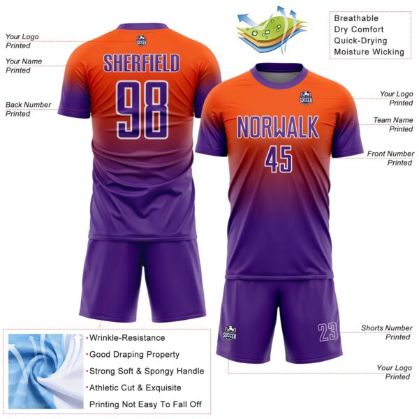 Custom Orange Purple-White Fade Fashion Sublimation Soccer Uniform Jersey