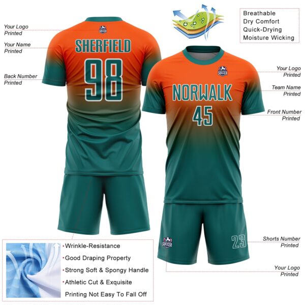Custom Orange Teal-White Fade Fashion Sublimation Soccer Uniform Jersey
