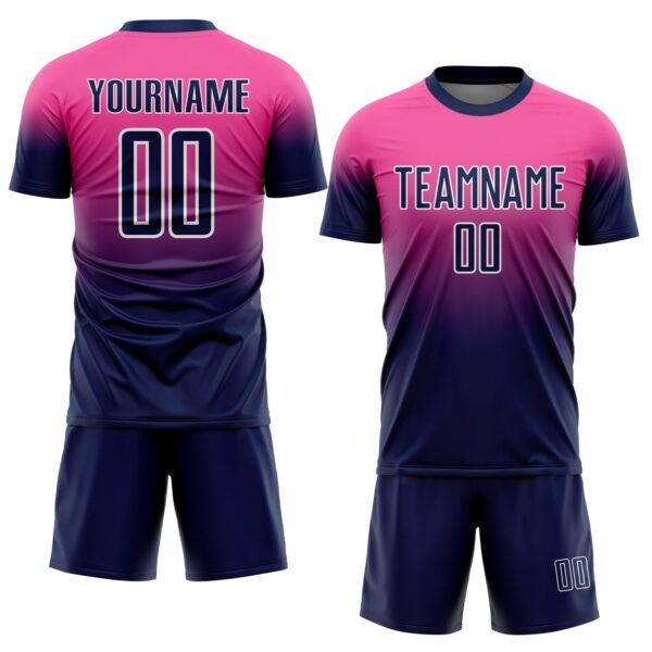 Custom Pink Navy-White Fade Fashion Sublimation Soccer Uniform Jersey