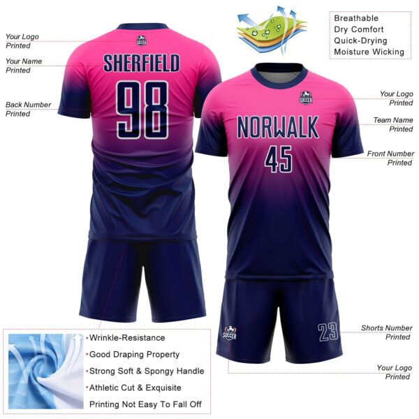 Custom Pink Navy-White Fade Fashion Sublimation Soccer Uniform Jersey