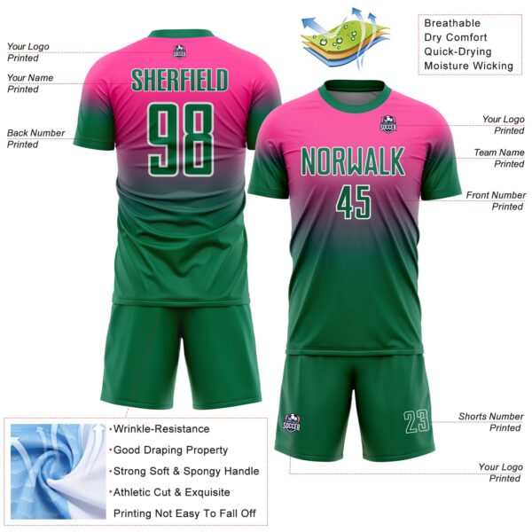 Custom Pink Kelly Green-White Fade Fashion Sublimation Soccer Uniform Jersey