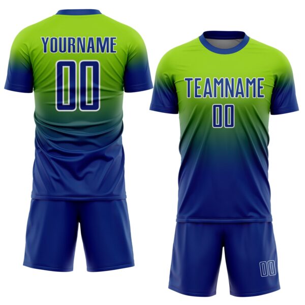 Custom Neon Green Royal-White Fade Fashion Sublimation Soccer Uniform Jersey