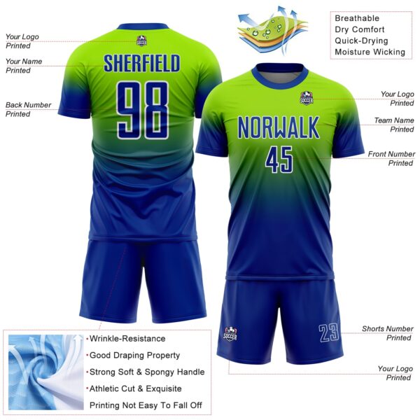 Custom Neon Green Royal-White Fade Fashion Sublimation Soccer Uniform Jersey