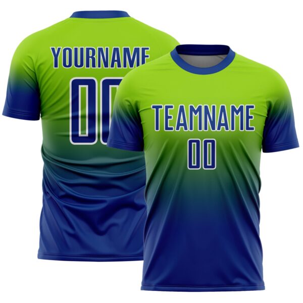 Custom Neon Green Royal-White Fade Fashion Sublimation Soccer Uniform Jersey