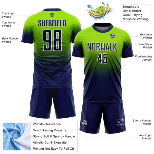 Custom Neon Green Navy-White Fade Fashion Sublimation Soccer Uniform Jersey