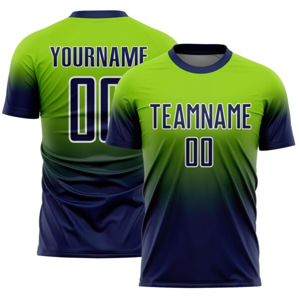 Custom Neon Green Navy-White Fade Fashion Sublimation Soccer Uniform Jersey