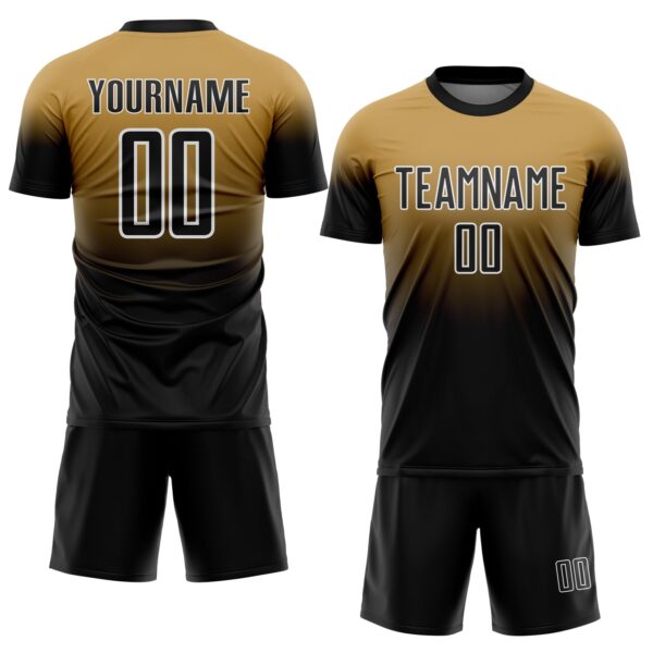 Custom Old Gold Black-White Fade Fashion Sublimation Soccer Uniform Jersey