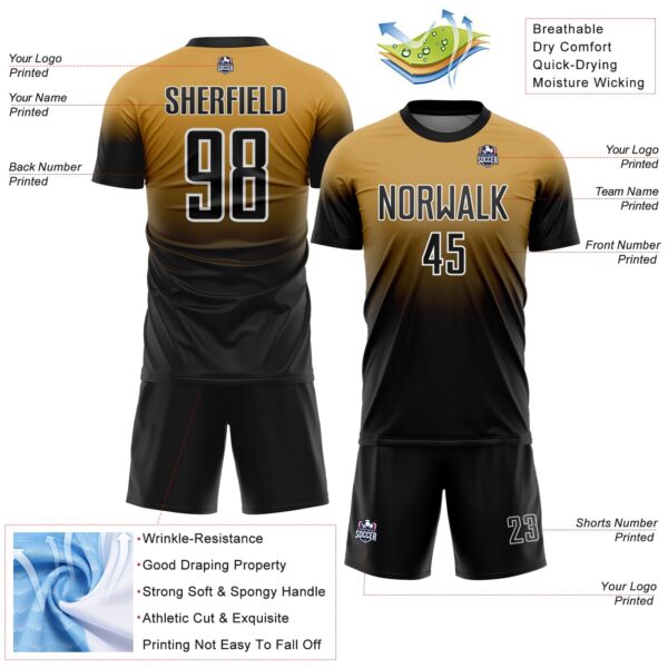 Custom Old Gold Black-White Fade Fashion Sublimation Soccer Uniform Jersey