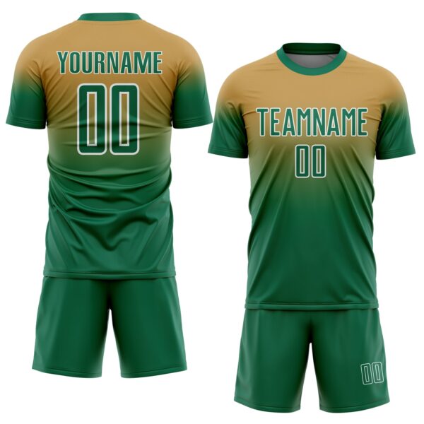 Custom Old Gold Kelly Green-White Fade Fashion Sublimation Soccer Uniform Jersey