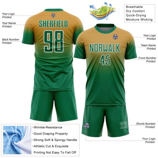 Custom Old Gold Kelly Green-White Fade Fashion Sublimation Soccer Uniform Jersey