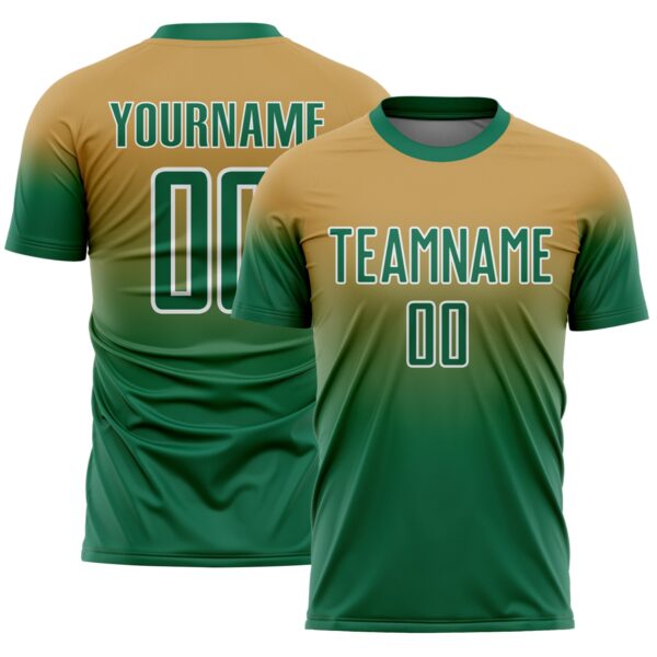 Custom Old Gold Kelly Green-White Fade Fashion Sublimation Soccer Uniform Jersey