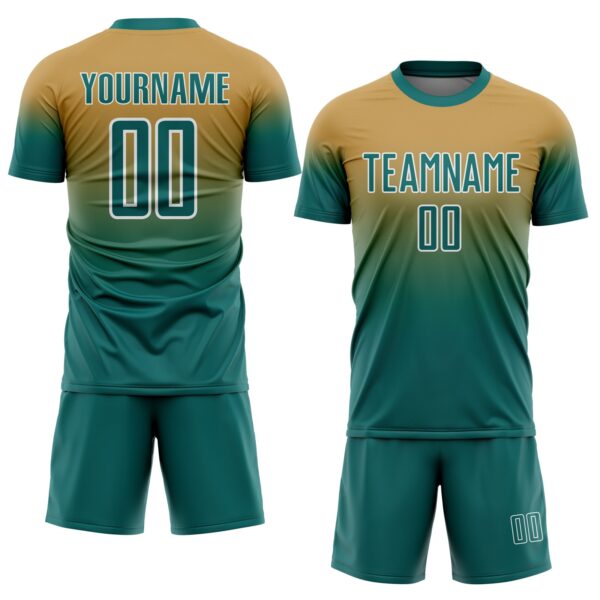 Custom Old Gold Teal-White Fade Fashion Sublimation Soccer Uniform Jersey