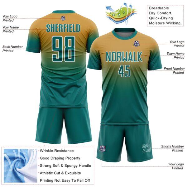 Custom Old Gold Teal-White Fade Fashion Sublimation Soccer Uniform Jersey