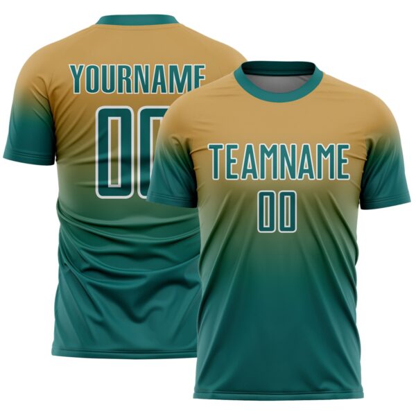 Custom Old Gold Teal-White Fade Fashion Sublimation Soccer Uniform Jersey