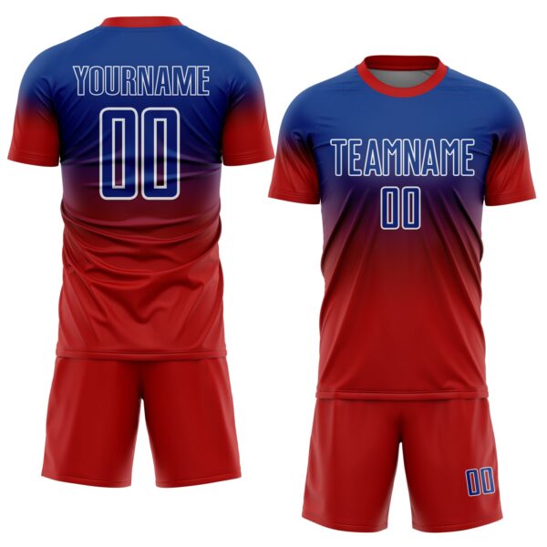 Custom Royal White-Red Fade Fashion Sublimation Soccer Uniform Jersey