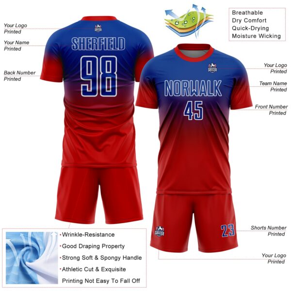 Custom Royal White-Red Fade Fashion Sublimation Soccer Uniform Jersey