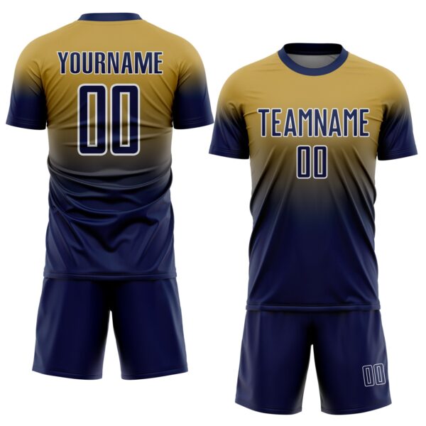 Custom Old Gold Navy-White Fade Fashion Sublimation Soccer Uniform Jersey