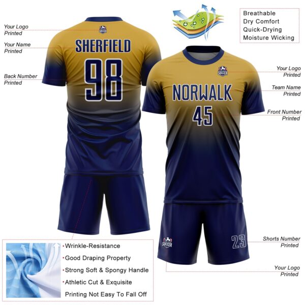 Custom Old Gold Navy-White Fade Fashion Sublimation Soccer Uniform Jersey