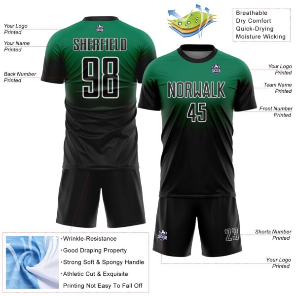 Custom Kelly Green Black-White Fade Fashion Sublimation Soccer Uniform Jersey