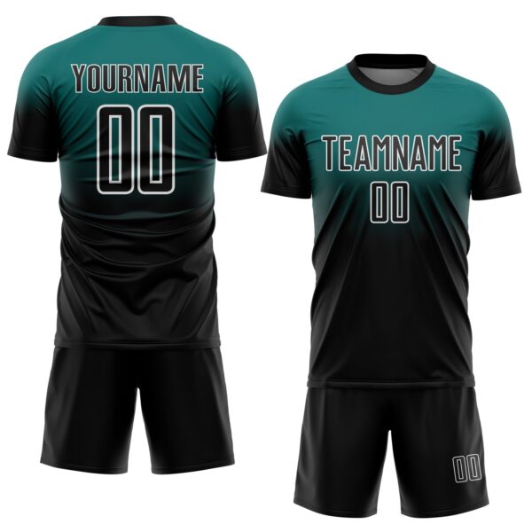Custom Teal Black-White Fade Fashion Sublimation Soccer Uniform Jersey