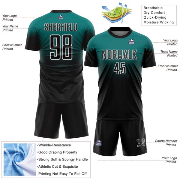 Custom Teal Black-White Fade Fashion Sublimation Soccer Uniform Jersey