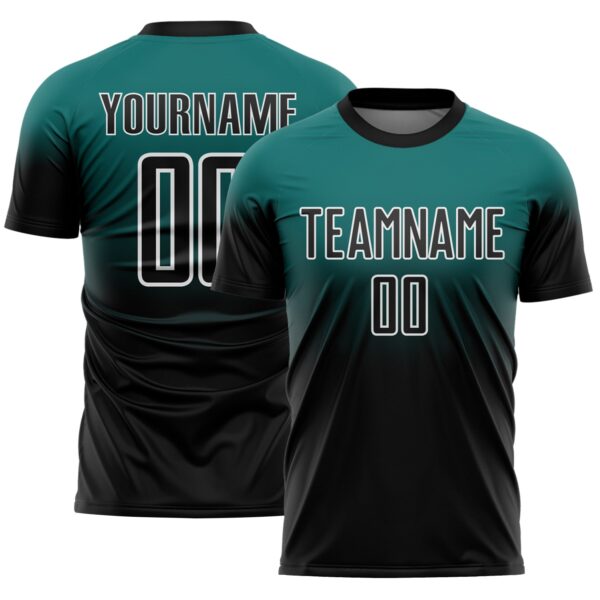 Custom Teal Black-White Fade Fashion Sublimation Soccer Uniform Jersey