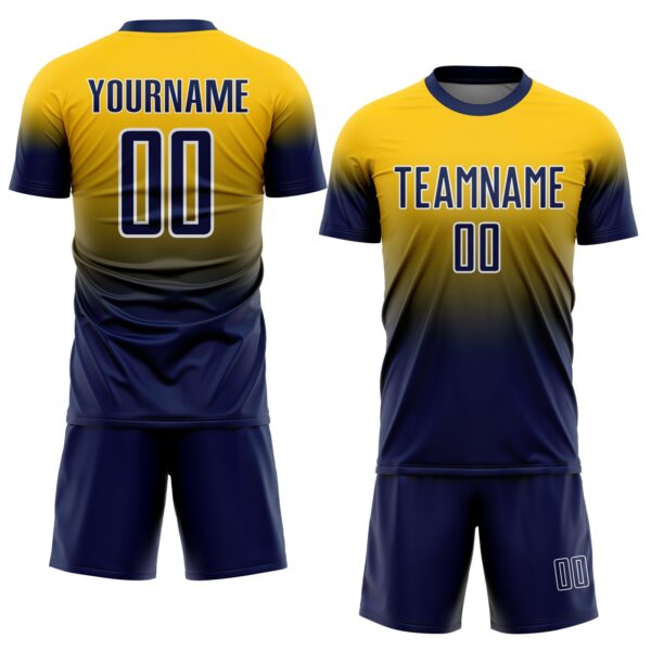 Custom Yellow Navy-White Fade Fashion Sublimation Soccer Uniform Jersey
