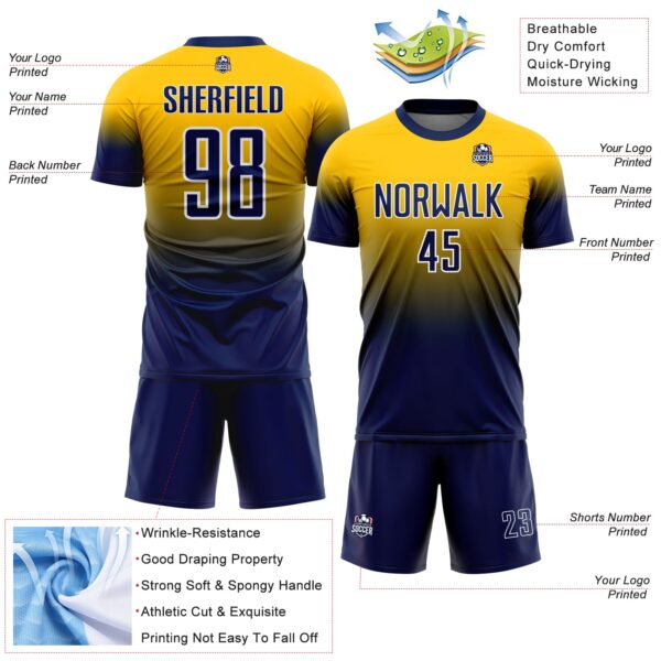 Custom Yellow Navy-White Fade Fashion Sublimation Soccer Uniform Jersey