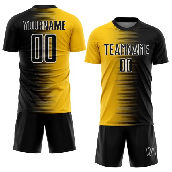Custom Black White-Gold Gradient Line Sublimation Soccer Uniform Jersey