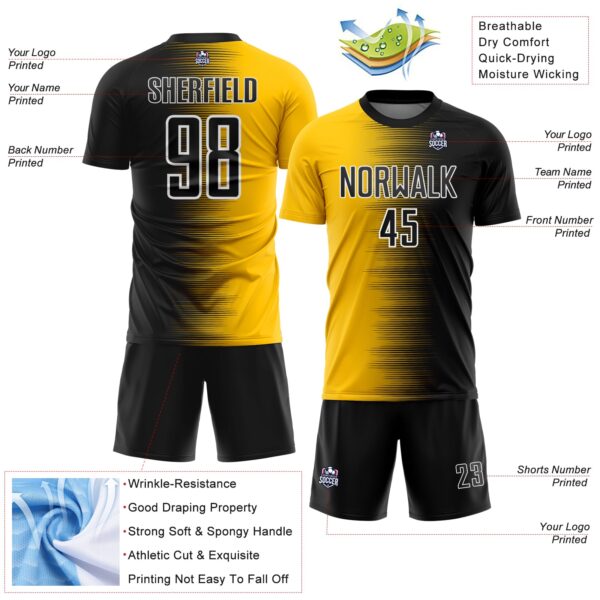 Custom Black White-Gold Gradient Line Sublimation Soccer Uniform Jersey