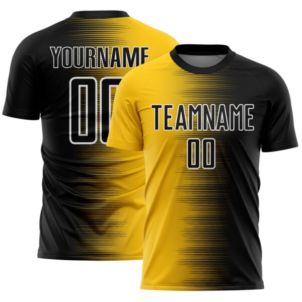 Custom Black White-Gold Gradient Line Sublimation Soccer Uniform Jersey