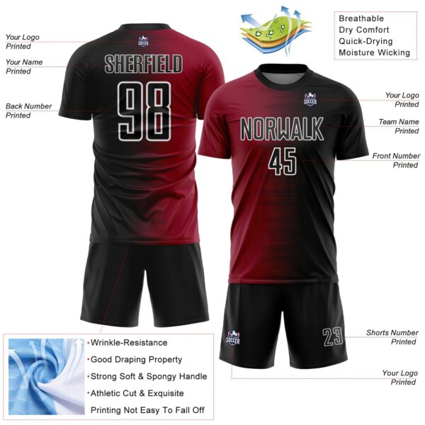 Custom Black White-Crimson Gradient Line Sublimation Soccer Uniform Jersey