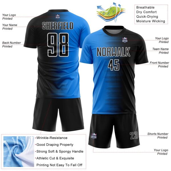 Custom Black White-Powder Blue Gradient Line Sublimation Soccer Uniform Jersey