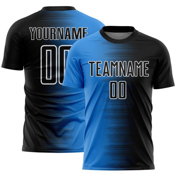 Custom Black White-Powder Blue Gradient Line Sublimation Soccer Uniform Jersey